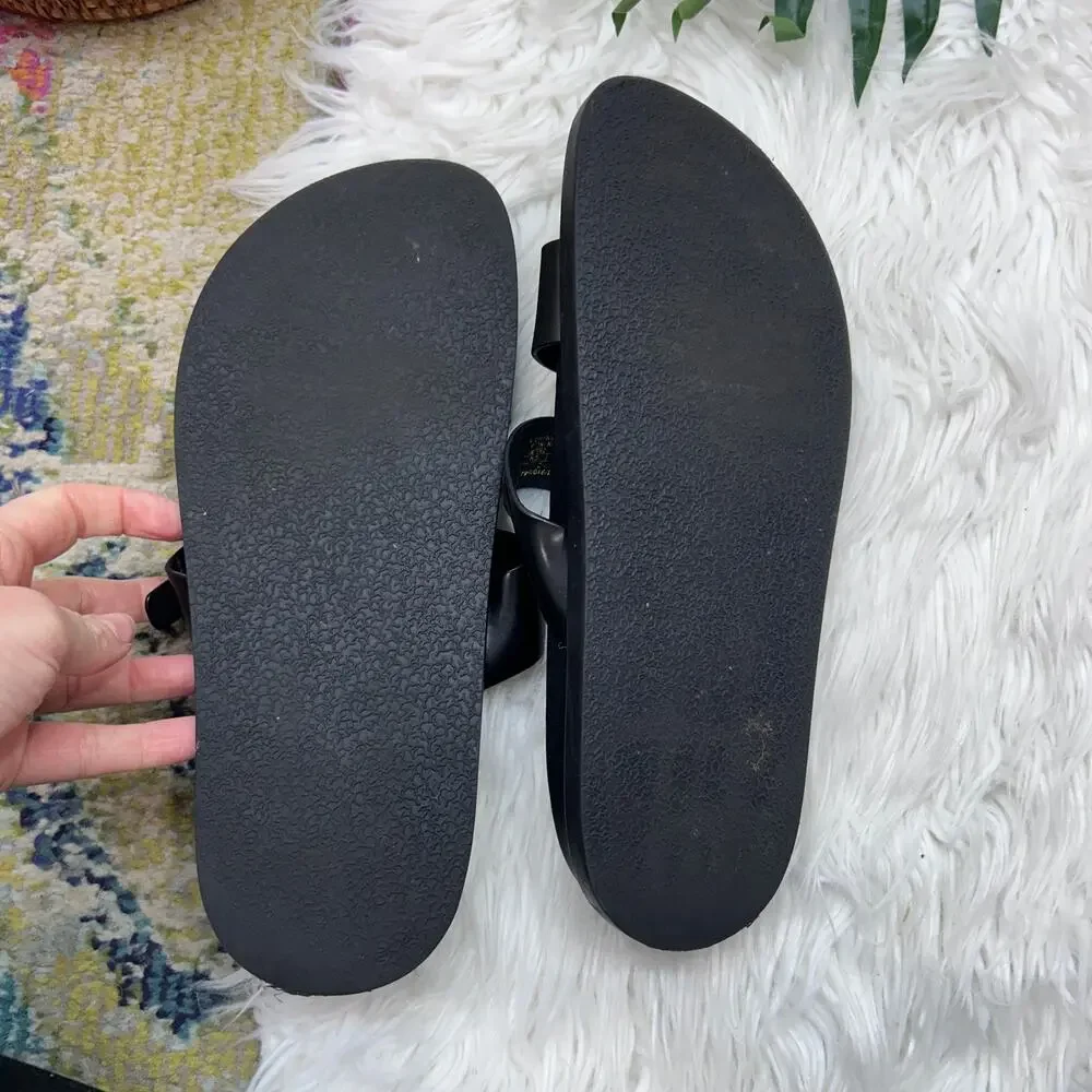 Zara Black Faux Leather Slip On Slide Sandal 39 / 9 Neutral Minimalist Gold Tone - Picture 4 of 5
